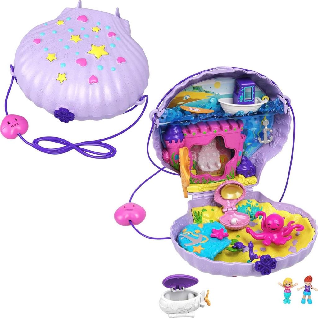 Polly Pocket Tiny Power Seashell Purse Compact with Wearable Strap, Fun Under-The-Sea Features,,