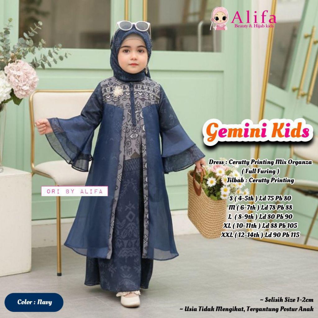 Gemini Set Syari Kids Vol Setelan Gamis Ceruty Printing Mix Organza dan Jilbab Segi Empat Ceruty Pri