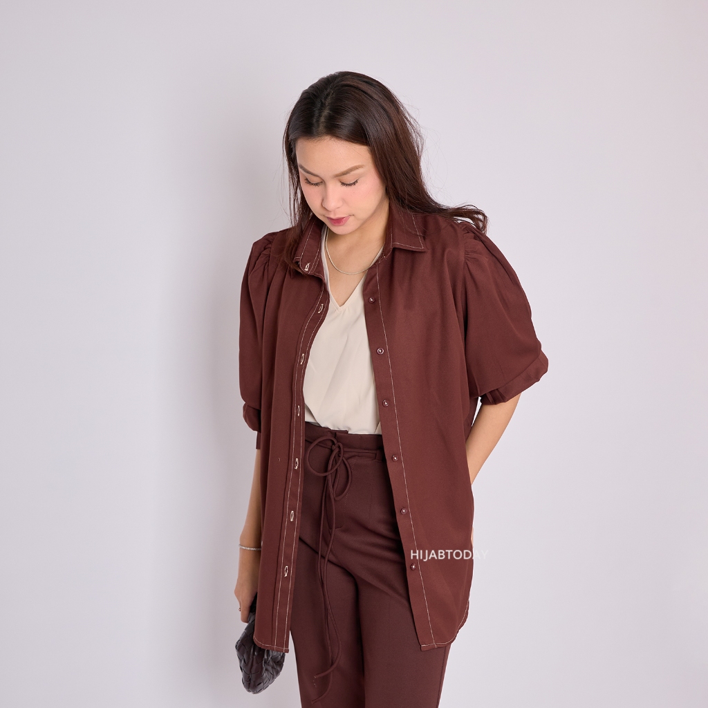 Carla Shirt HT by Fashiontoday - Kemeja Premium Wanita Lengan Puff Contrast Stitching  - Bisa Sampai