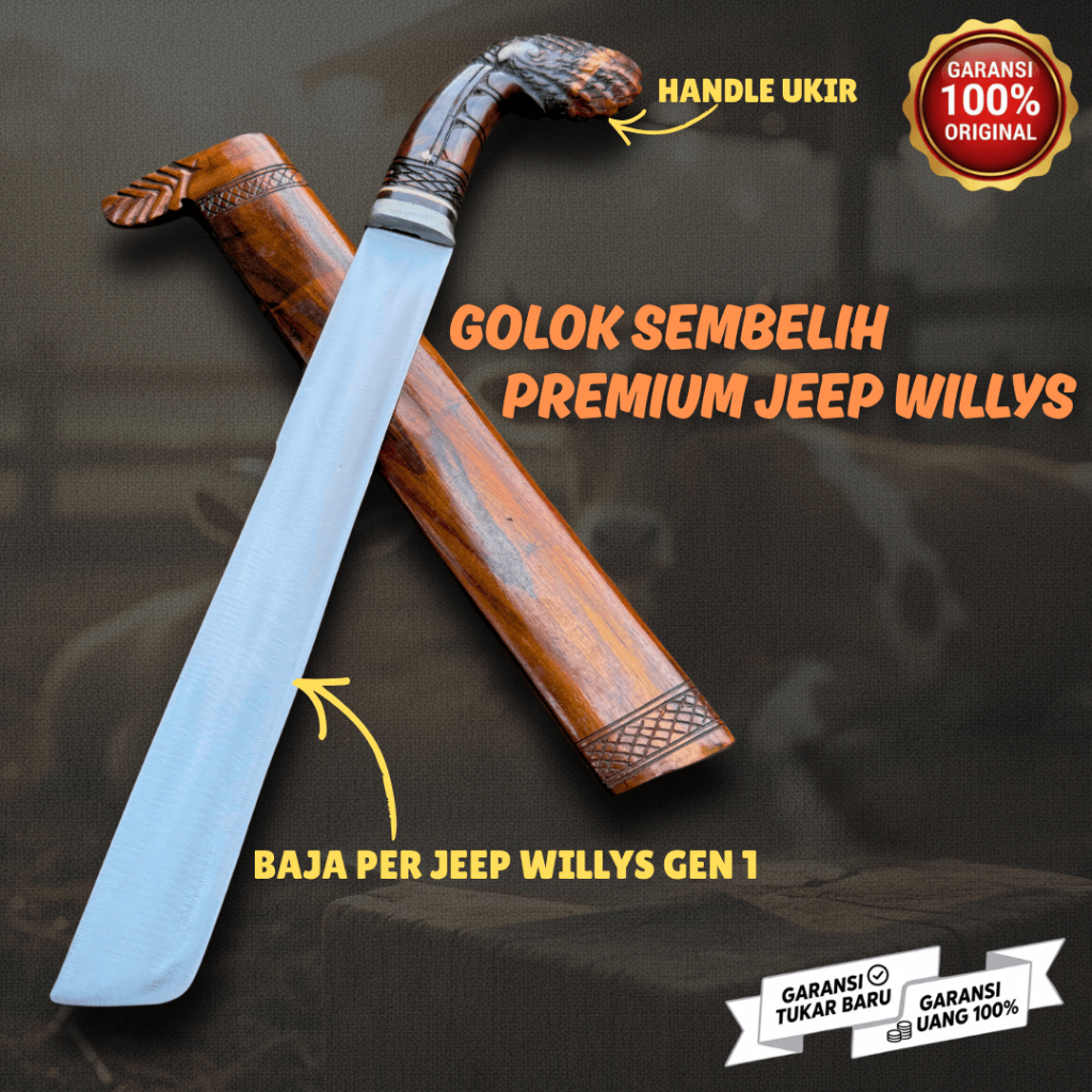 GOLOK Sembelih Baja Per Jeep Willys Gen 1 Pisau Jagal Idul Adha Qurban Sapi Kambing Kayu Sonokeling