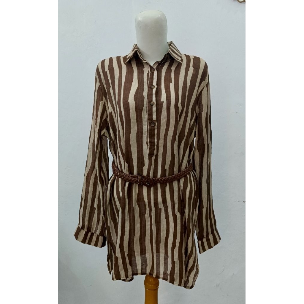 Tunik Wanita Garis Coklat Cream Lengan Panjang | Tunik Casual Elegan