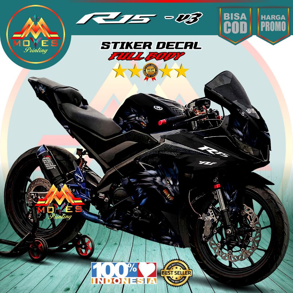 Bisa Cod ( Promo ) Decal Stiker Motor Yamaha R15 V3 Full Body Warna Hitam Stiker Variasi R15 V3 Full