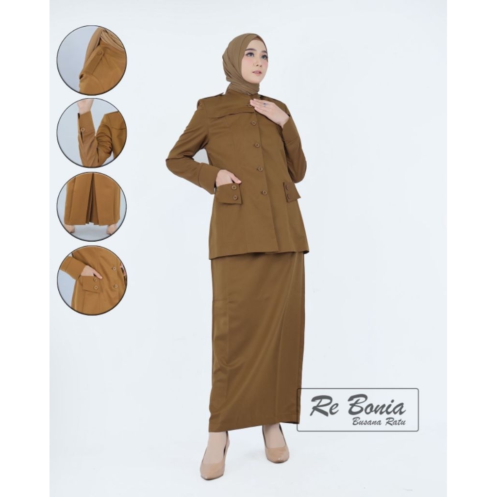 Seragam Re Bonia Kheki Tua Rok Span ,Baju Dinas ASN/PNS/GURU/Kheki Tua ROK span Wanita , Seragam PEM