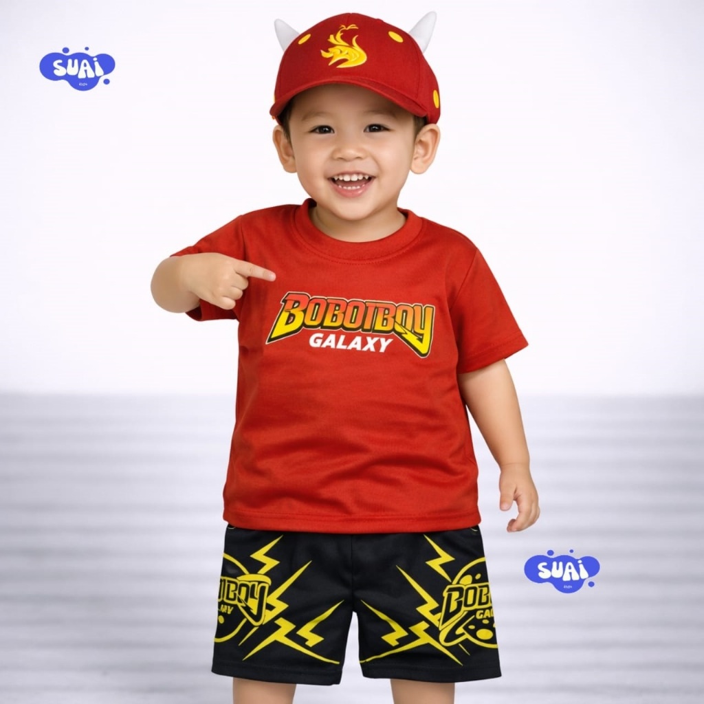 Setelan Baju Anak Boboiboy Galaxy Merah Kaos + Celana Pendek + Topi Baju Anak Laki-Laki Karakter Luc