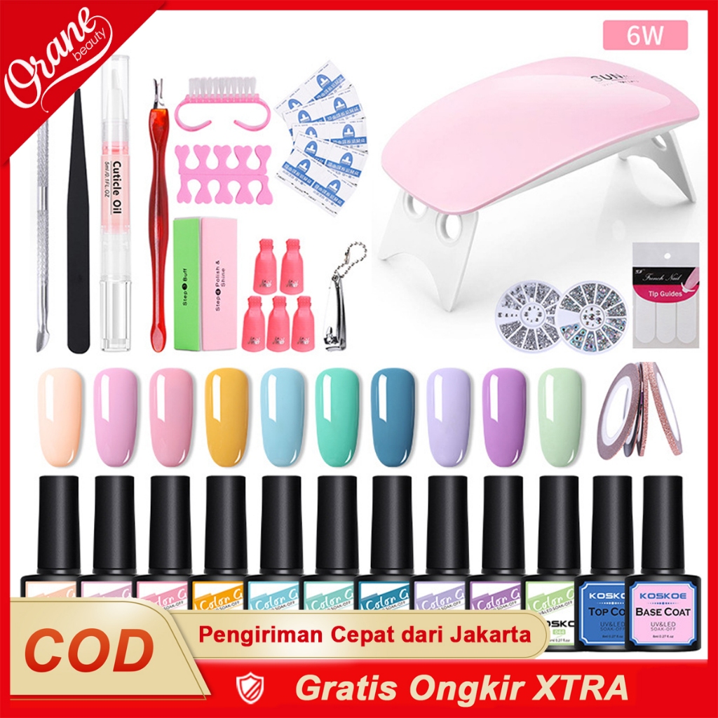Oranebeauty 6/10Warna Gel Nail Art Set Lengkap  Nail Polish Kit UV Light 6W Semua Musim Soak Off Gel