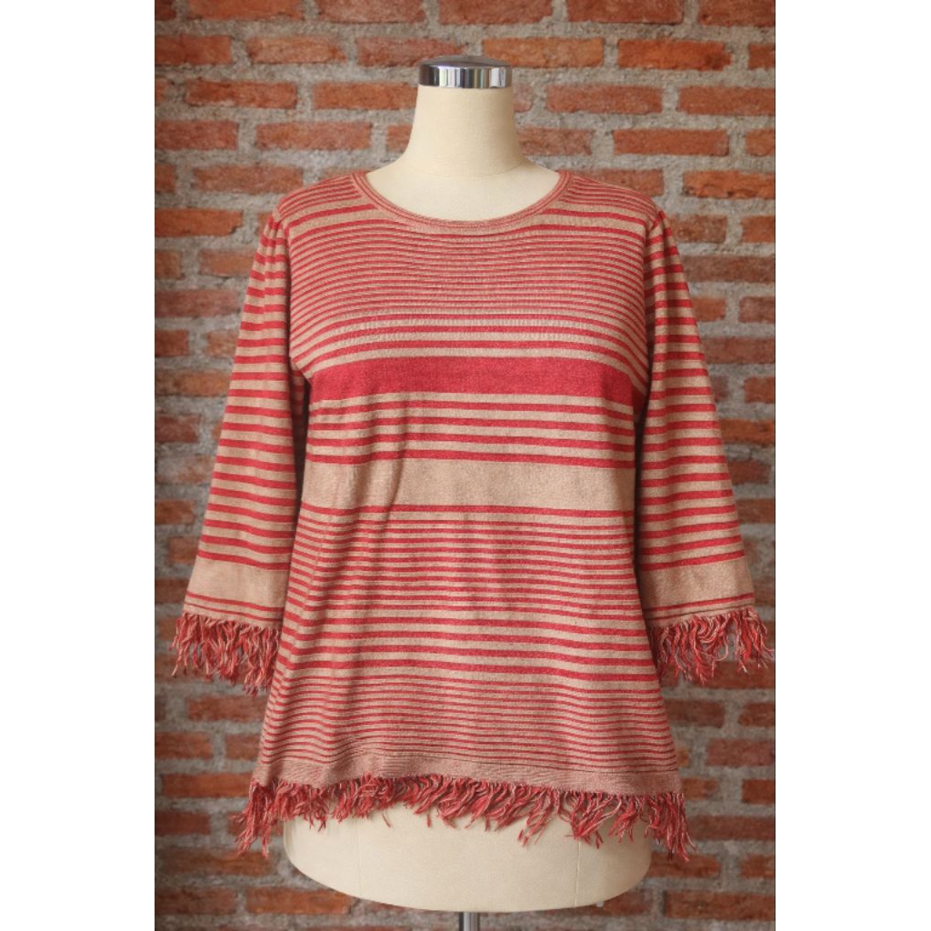 Blouse Rajut Garis Wanita Lengan Panjang Rumbai Merah Salem