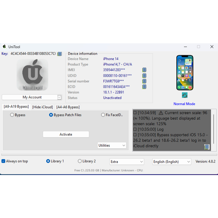 UniTool Software Untuk Bypass iPhone XR - 17PM, Bypass iCloud, Aktivasi Perangkat