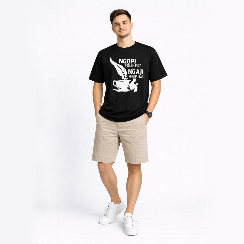 Broali Kaos Pria Santri Pecinta Kopi Hitam Ngopi Ngaji Cotton Combed 24s Hitam Lengan Pendek