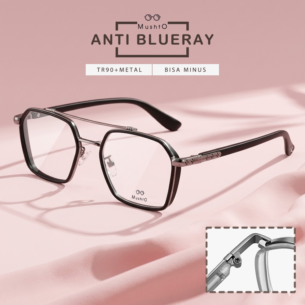 Mushto Kacamata Antiradiasi Blueray Kotak Double Bridge Korean Style Vintage 10102