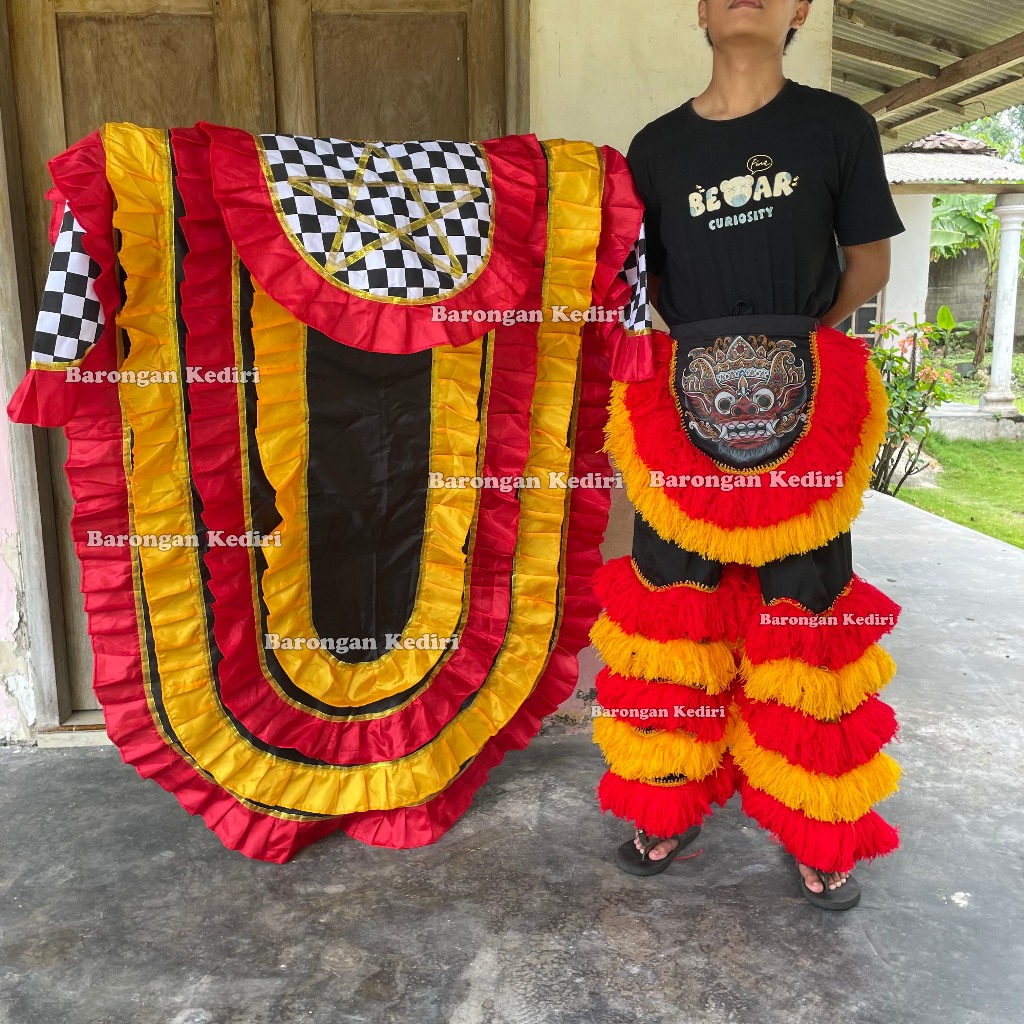 Barongan Kediri Kemul Barongan Dan Celana Pentas Satu Set Wol Dewasa Merah Kuning Hitam