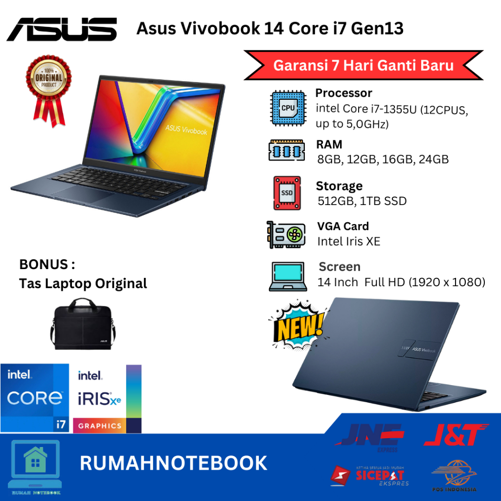 Laptop Baru Asus Vivobook 14 Intel Core i7 1355U Gen13 upto 5,0Ghz