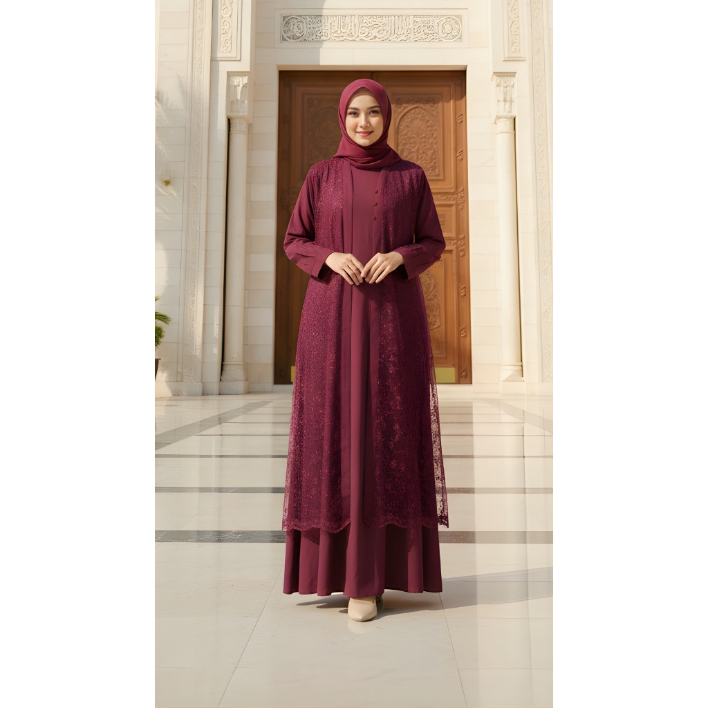 Gamis Wanita Rompi Lepas Elegan Set 2in1 Outer Brokat + Inner Rayon Twill – Dress Muslimah Premium