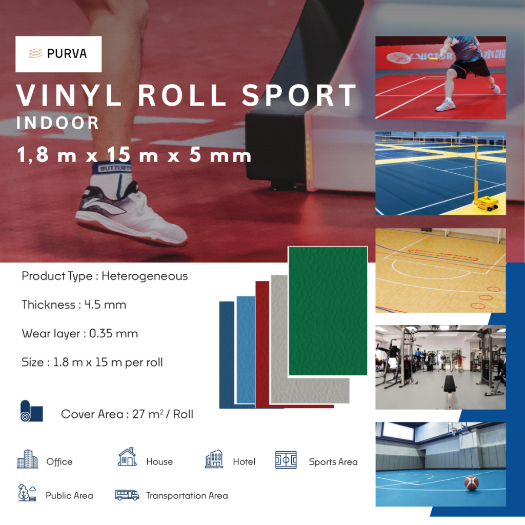 Lantai Karpet Vinyl Roll Sport Indoor PURVA 4.5mm & 5mm - Lapangan Badminton Basket Gym Futsal