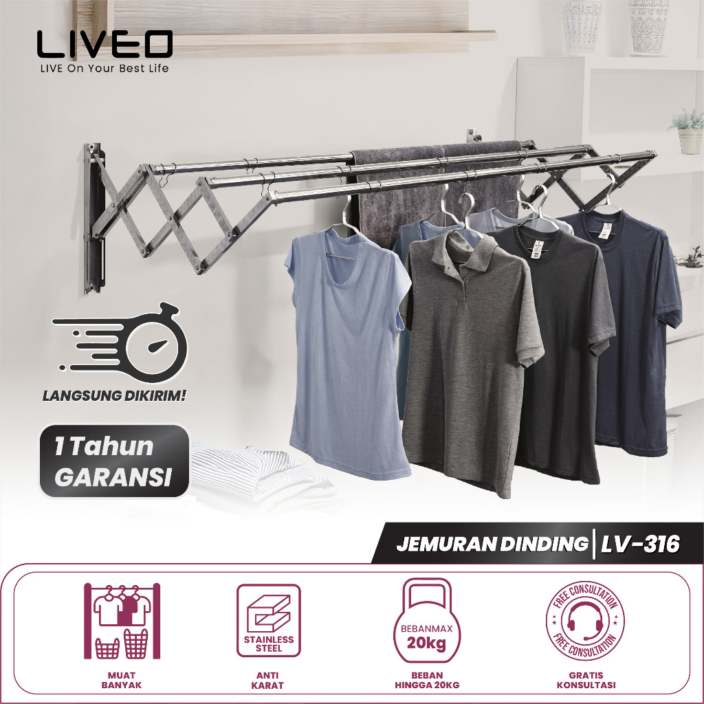 LIVEO Jemuran Dinding Baju Stainless Steel Liveo LV-316 / Jemuran Lipat Gantung