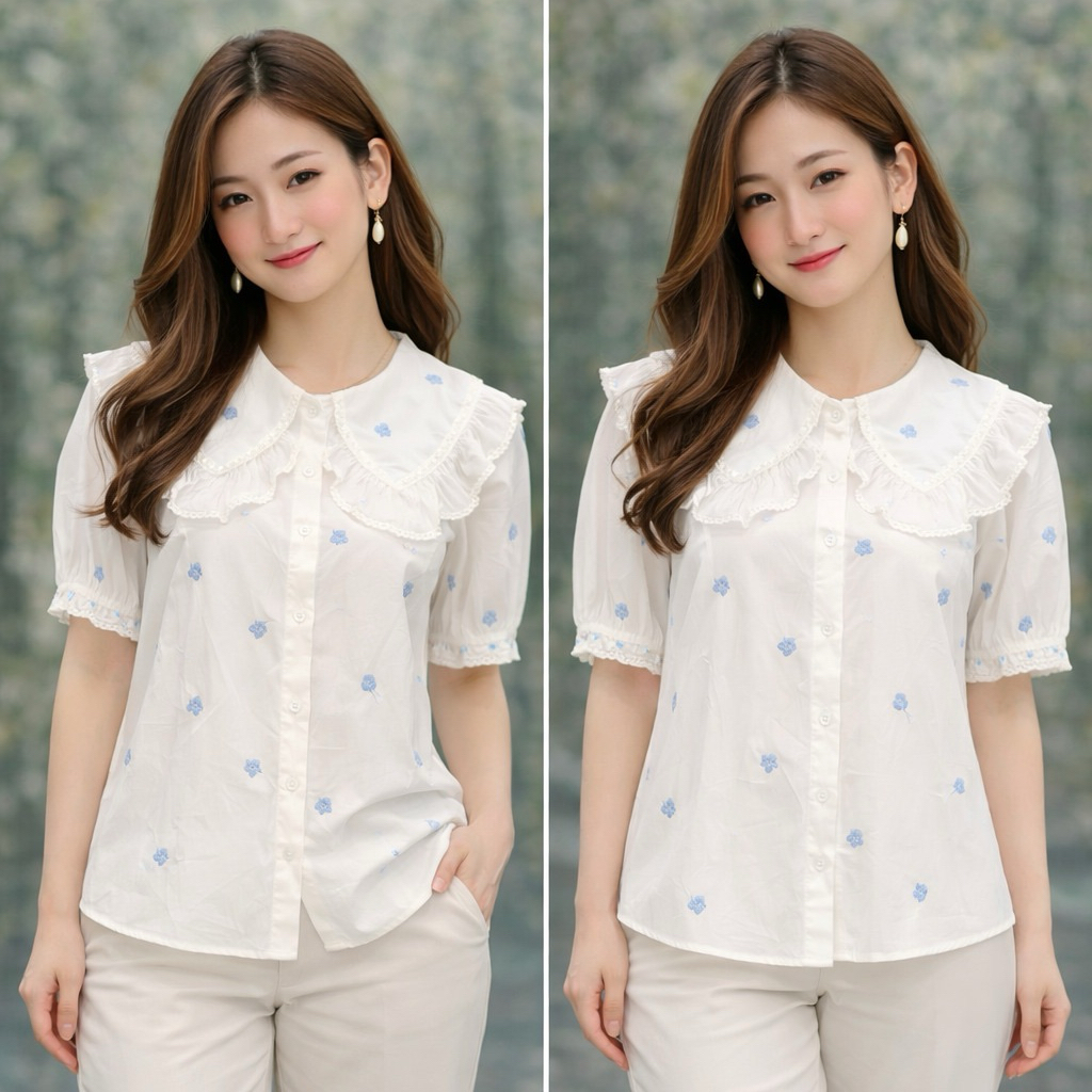 A008 blouse putih bunga biru ruffle Korean style