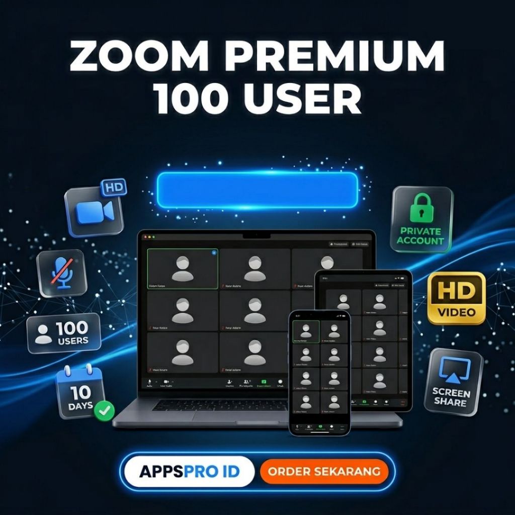 Zoom Premium 10 Hari - 100 Users  Dapatkan akses Zoom Premium dengan kapasitas maksimal 100 user. Du
