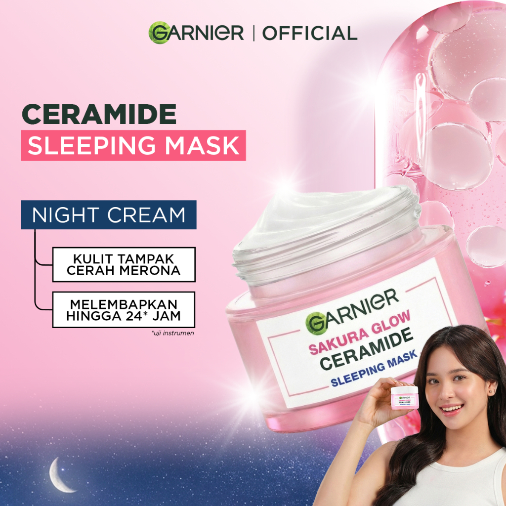 GARNIER Sakura Glow Ceramide Skin Barrier Sleeping Mask Night Cream Krim Malam Mencerahkan 50 ml Moi