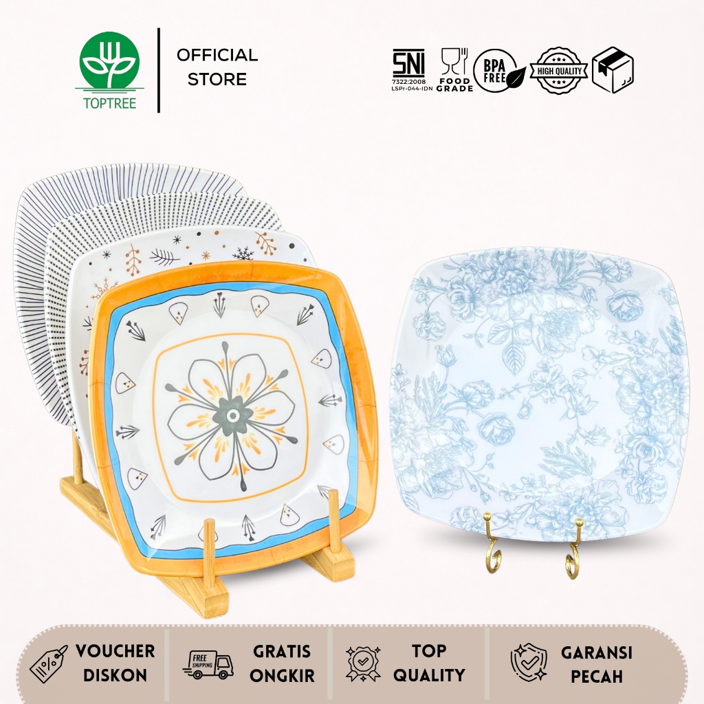 TOPTREE Piring Persegi Melamin Motif Bunga dan Garis Ukuran 7–10 Inch