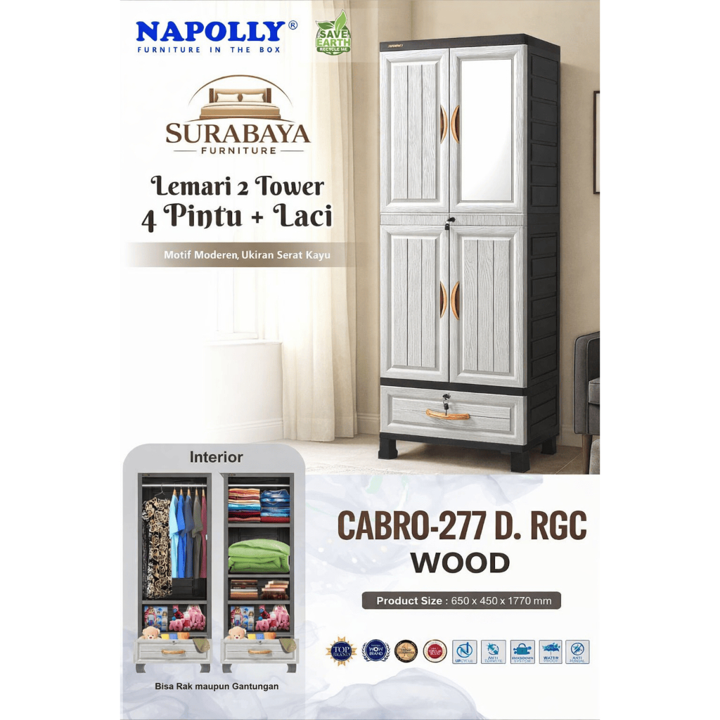 (INSTAN) Lemari plastik Napolly 2 tower berkualitas | lemari anti raya | lemari pakaian kokoh | lema