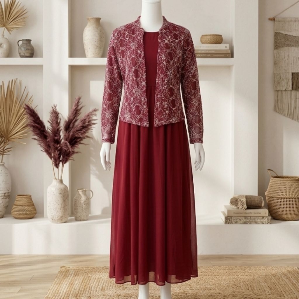 [PRELOVED] Set Gamis Wanita Maroon Outer Brokat Panjang Size M - Kondisi 98% No Minus