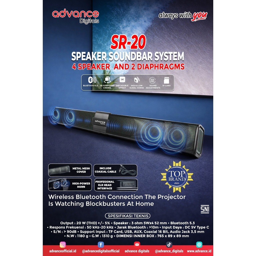 Speaker Soundbar Advance SR-20 Soundbar Bluetooth sr20