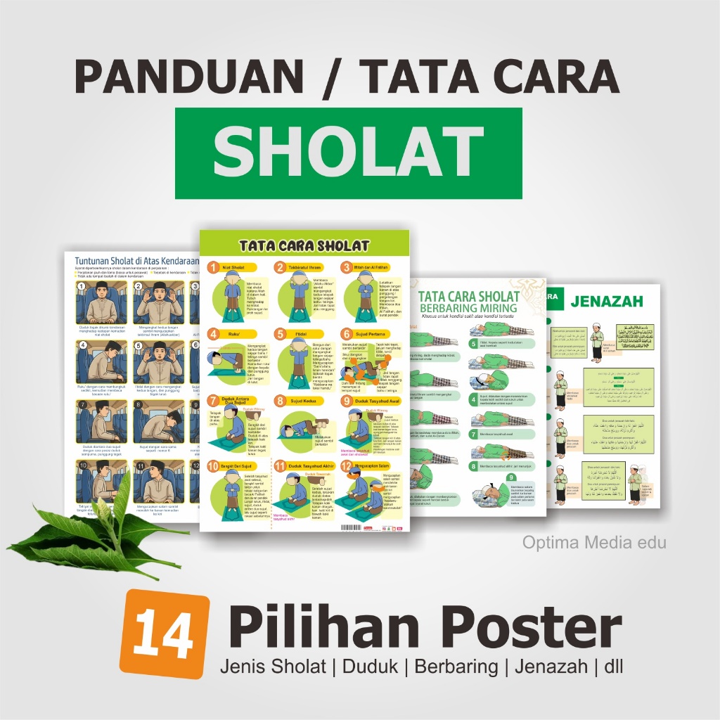 Poster Tata Cara Gerakan Sholat, Wajib dan Sunnah, Keadaan Sakit (berbaring/duduk), Sholat Jenazah,