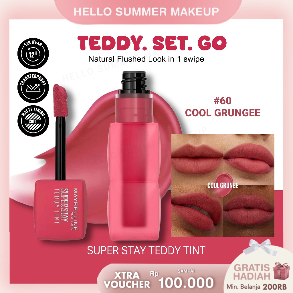 NEW HELLO SUMMER MAKEUP #60 COOL GRUNGEE Super Stay Teddy Tint 5ml - Teddy Soft Matte Lipstick Tahan