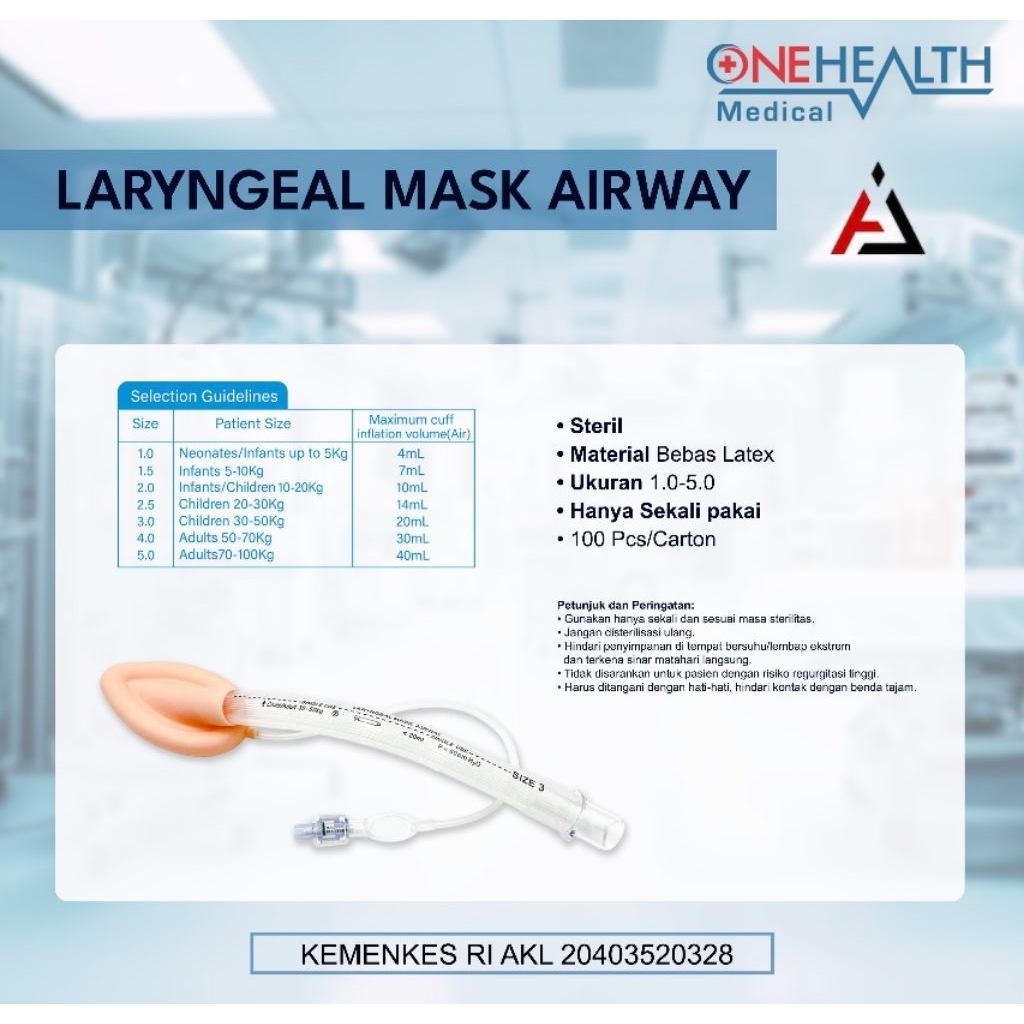 Onehealth Laryngeal Mask Airway Silicone Per Pcs LMA 1.0 Sampai 5.0