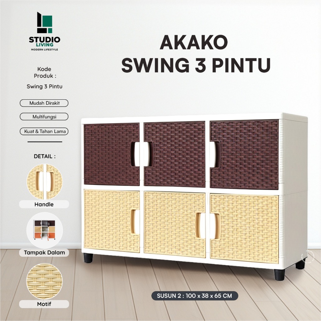 AKAKO - Lemari Pakaian Plastik SWING FANCY 3 Pintu Jumbo Motif Rotan Susun 2, 3, 4 & 5