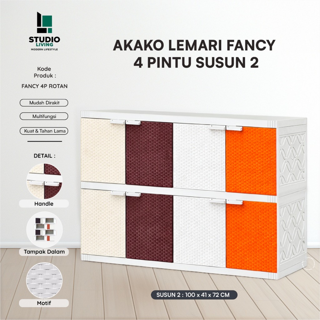 AKAKO - Lemari Pakaian Plastik JUMBO Akako Fancy 4 Pintu Rotan Susun 2, 3, 4, dan 5