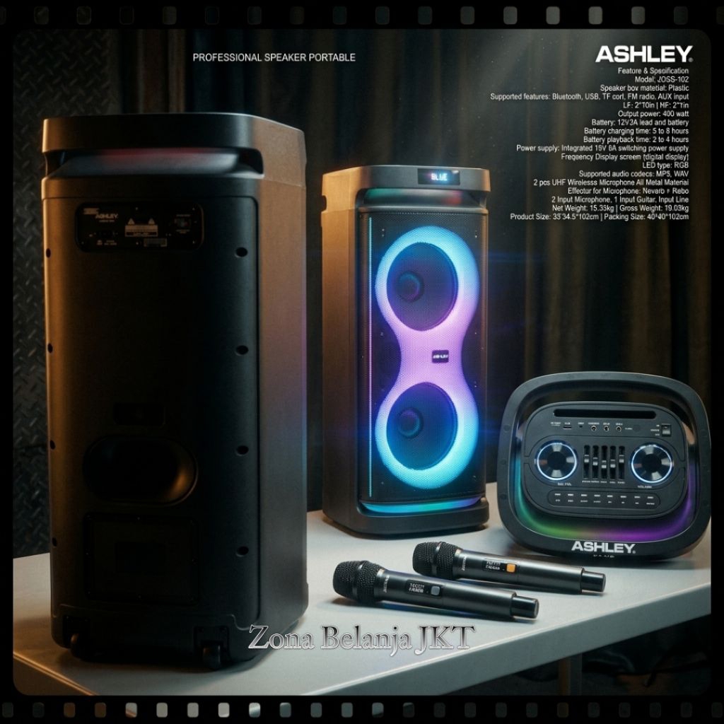 SPEAKER PORTABLE PARTYBOX ASHLEY JOSS 102 2 X 10 INCH DOUBLE RECHARGEABLE 2 MIC WIRELESS MURAH BERKU