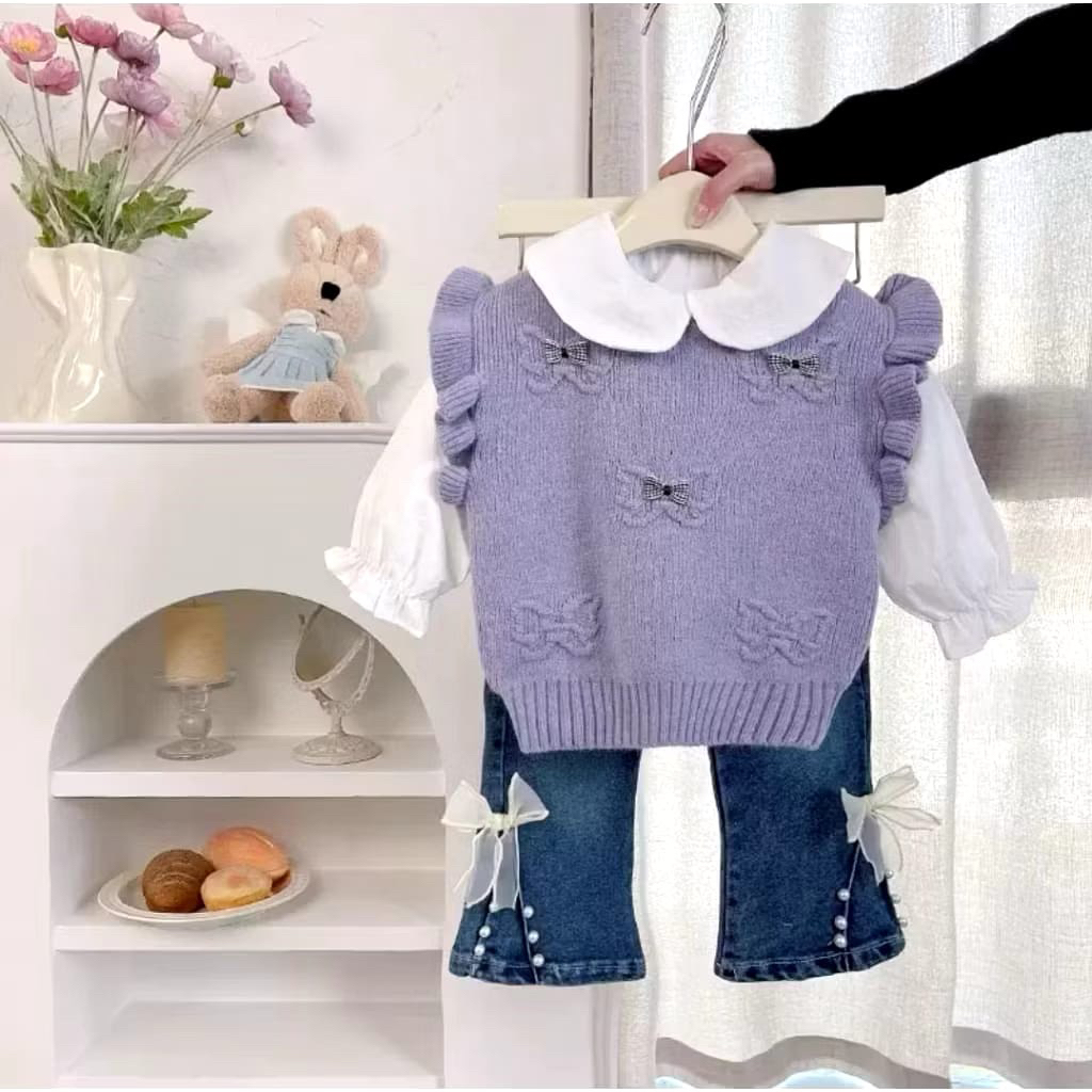 Setelan panjang anak cewek 1tahun - 5tahun setjins anak perempuan motif bunga warna lilac kuning pin