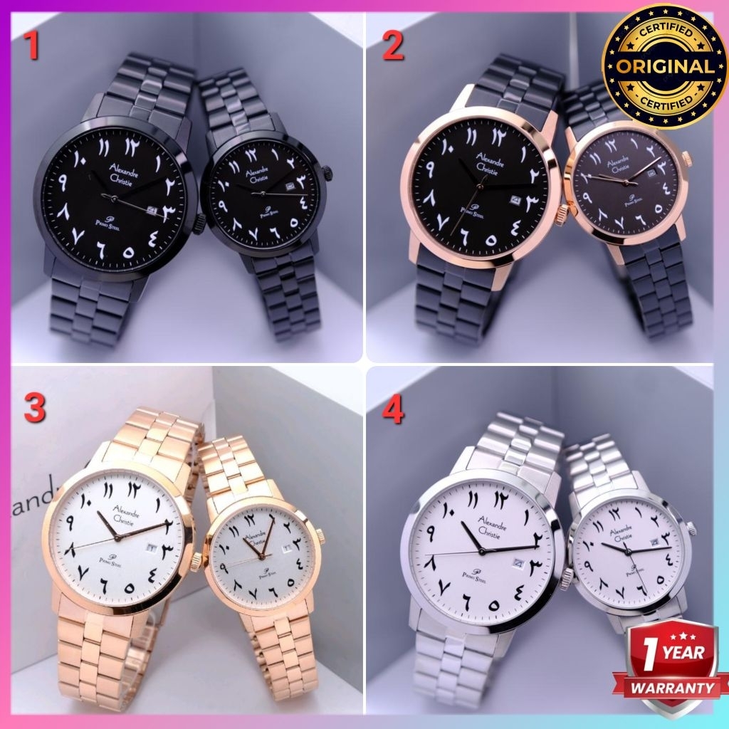 ORIGINAL GARANSI RESMI 1 TAHUN JAM TANGAN COUPLE ALEXANDRE CHRISTIE ARABIC RANTAI STAINLESS STEEL AR