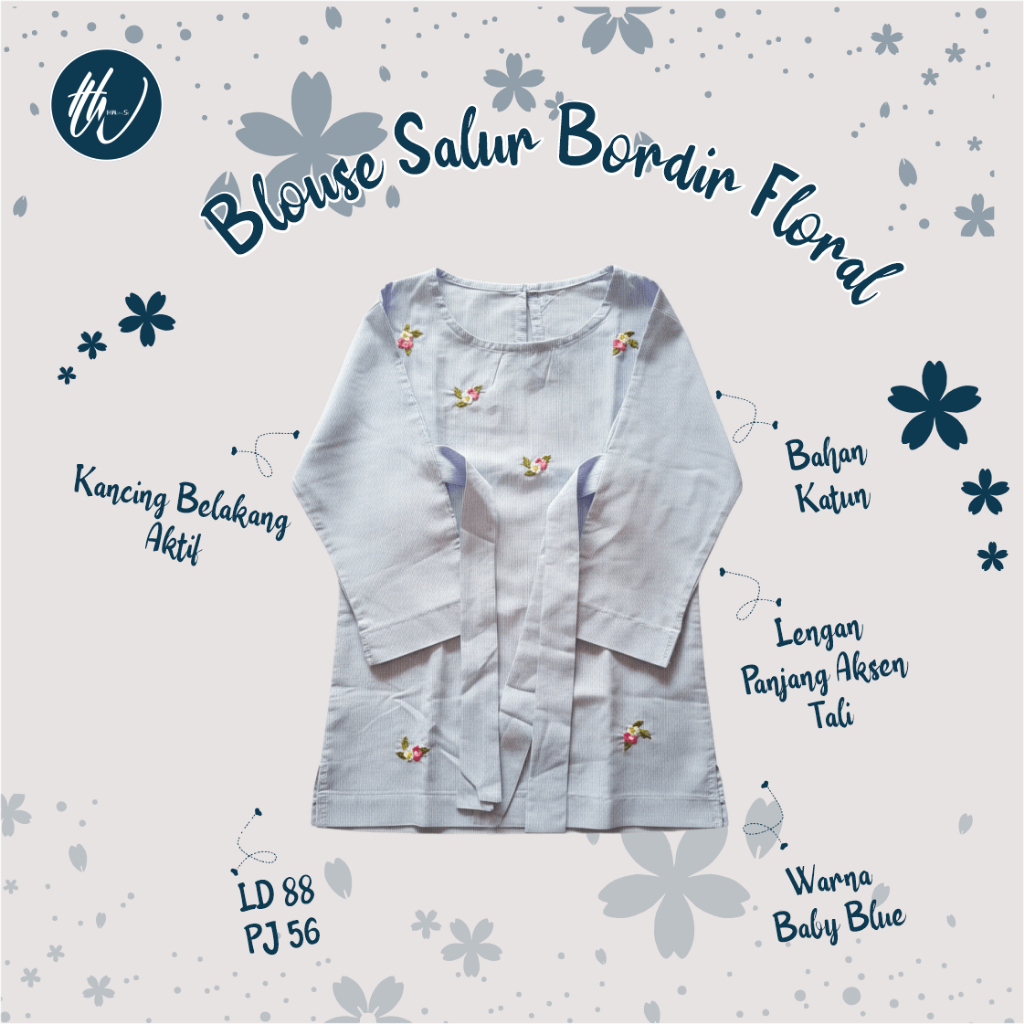Blouse Baby Blue Katun Preloved | Blouse Salur Bordir Floral Lengan Panjang