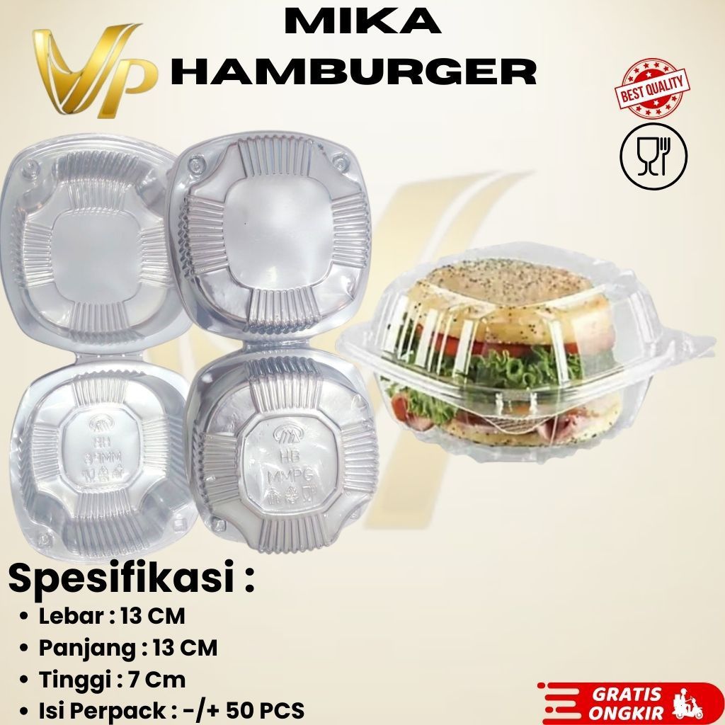 Mika Hamburger Kotak | Mika Burger / Roti Burger | Kemasan Mika Makanan Transparan Isi ±50 PCS