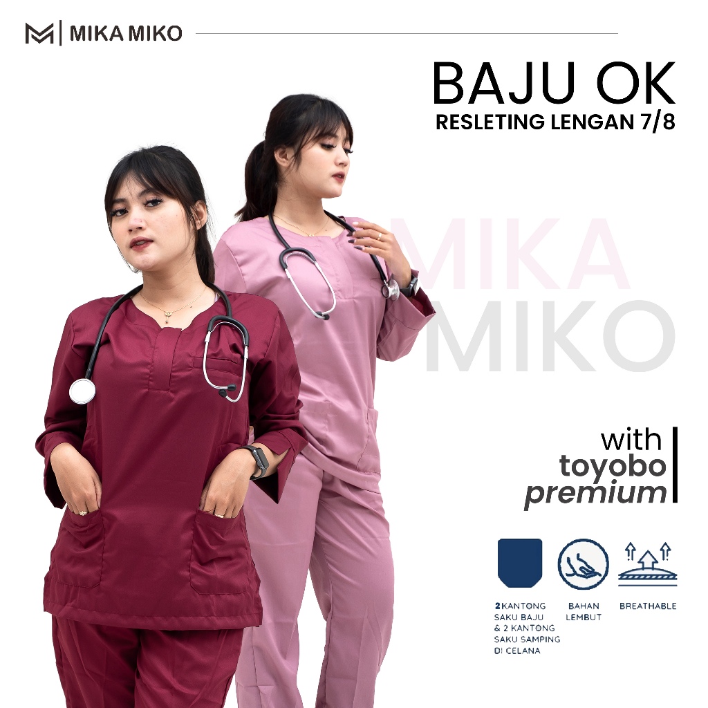 MIKAMIKO BAJU OKA PERAWAT [GRATIS BORDIR NAMA] OK LENGAN 7/8 RESLETING Scrub DOKTER STENEN BIDAN