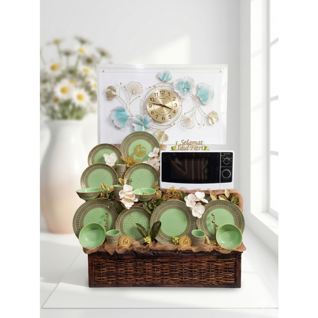 Parcel Lebaran Mewah Dinner Set Jam Akrilik / Parcel Hampers Keramik Dinner Set Idul Fitri 2026