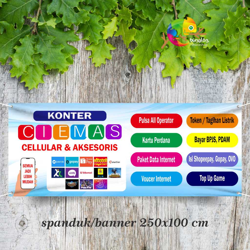 cetak spanduk banner 250x100 konter ciemas celluler custom desain