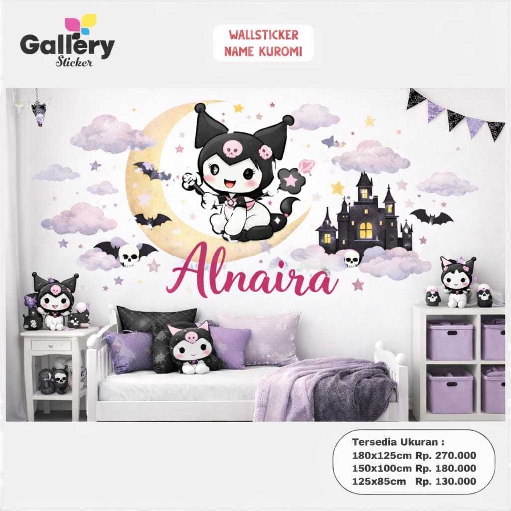 Stiker Dinding Karakter KUROMI Kartun Lucu Custom Nama | Wall Sticker Dekorasi Kamar Anak Perempuan