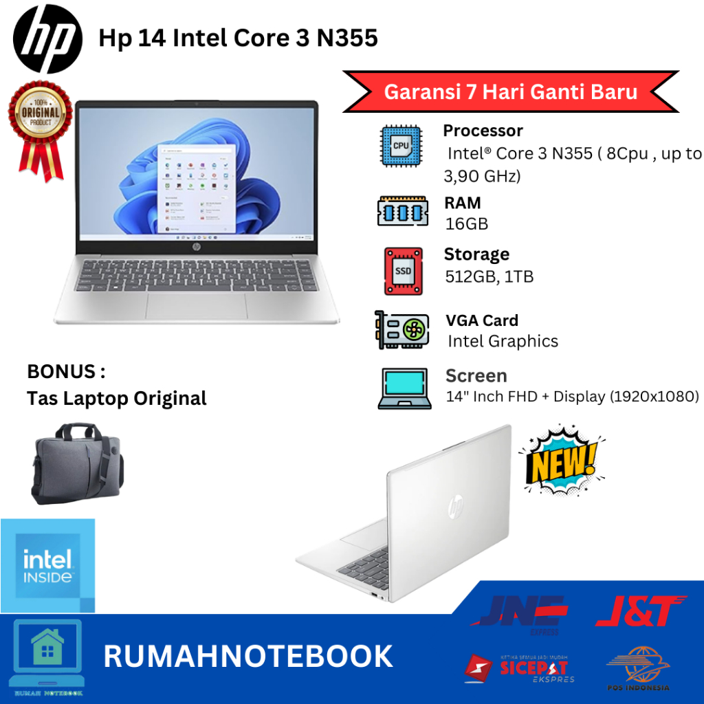 Laptop Baru Hp Intel Core 3 N355 8Cpu 3,9Ghz | Core i3 1315u (Gen13) 8cpus up to 4.5GHz Touchscreen