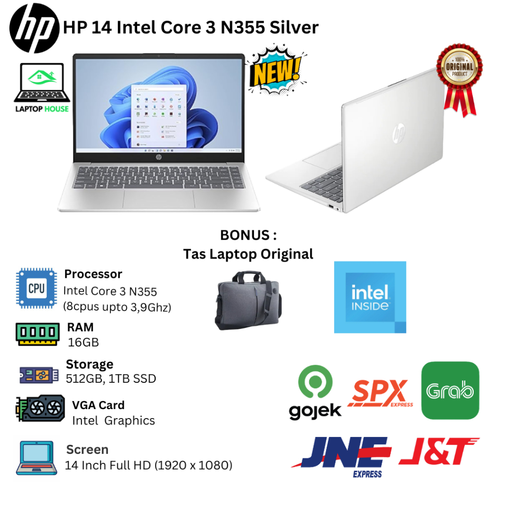 Laptop Baru Hp Intel Core 3 N355 8Cpu 3,9Ghz | Core i3 1315u (Gen13) 8cpus up to 4.5GHz Touchscreen