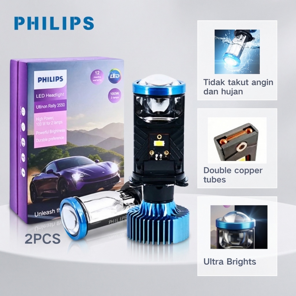 2Pcs Philips H4/H7/H11 Lampu Depan Mobil Ultinon Rally 100 Watt Lampu Mobil Philips LED 3550 Ultra B
