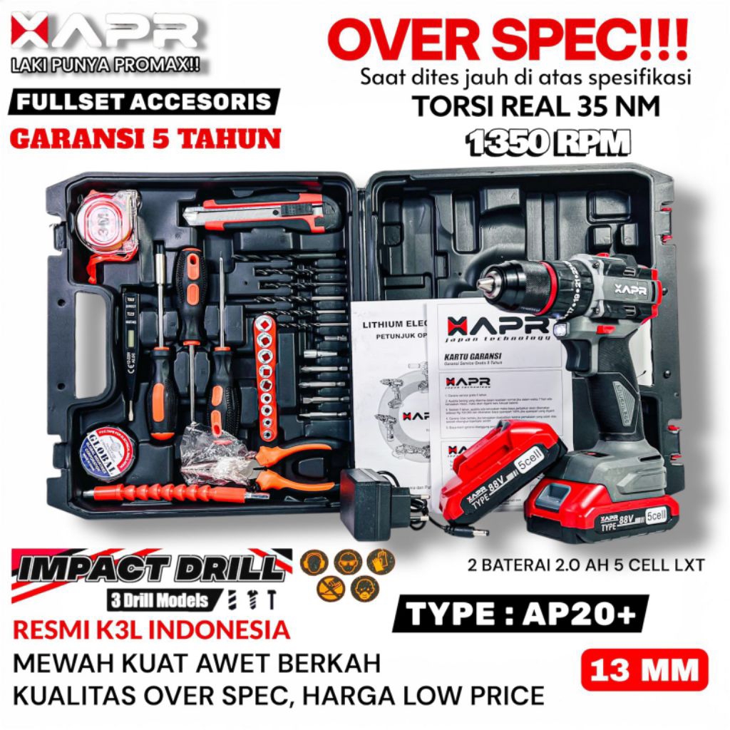 BOR BATERAI APR AP20+ BRUSHLEES BOR KUAT IMPACT DRILL FULL AKSESORIS BOR TANPA KABEL 2 BATERAI 88V