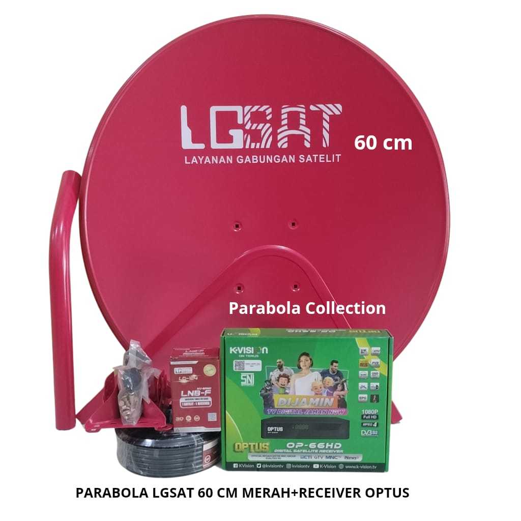 Parabola Lgsat 60 cm Komplit Receiver Kvision Optus 66Hd ( Merah Full )