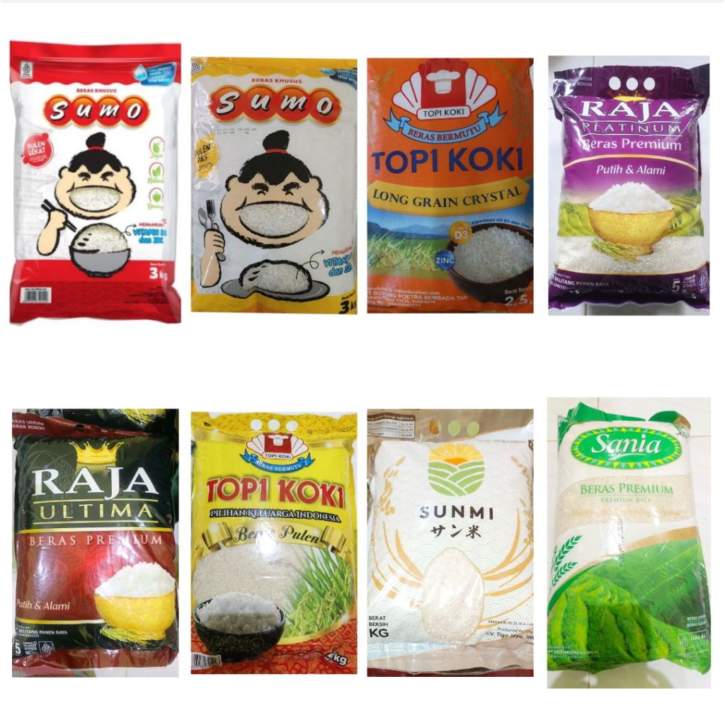 Beras Pulen Sania, Raja Ultima, Raja Platinum, Topikoki, Sunmo, Sumo Kuning Sumo Merah, nak Raja, Ro