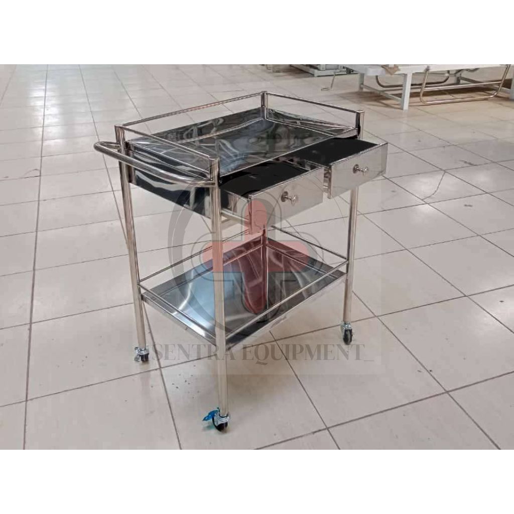 Trolley 2 susun + 2 laci stainless stell/trolley instrument 2 susun 2 laci stainless/trolley obat ru