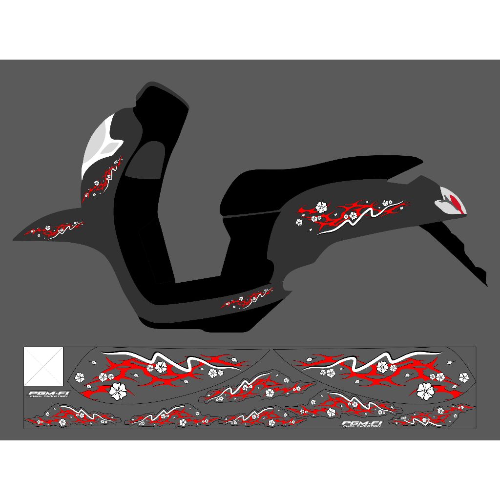 Stiker Motor Motif Bunga Sakura Merah Putih Hitam Desain Unik PGM-FI - STRIPING SCOOPY 2017- 2020 TR