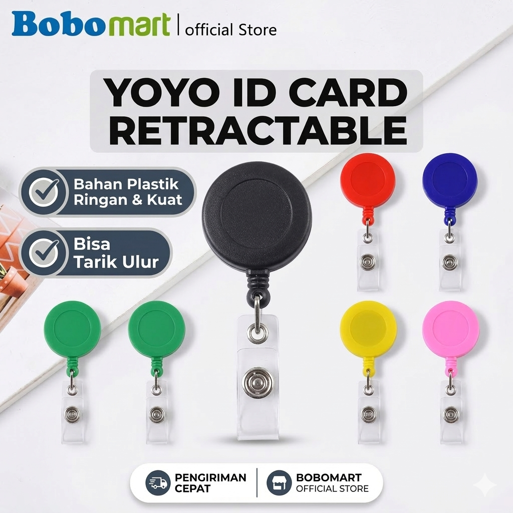 BOBOMART Tali ID Card Yoyo Gantungan Kartu ID Card Nama Kantor Warna Warni Hitam Merah Biru Kuning