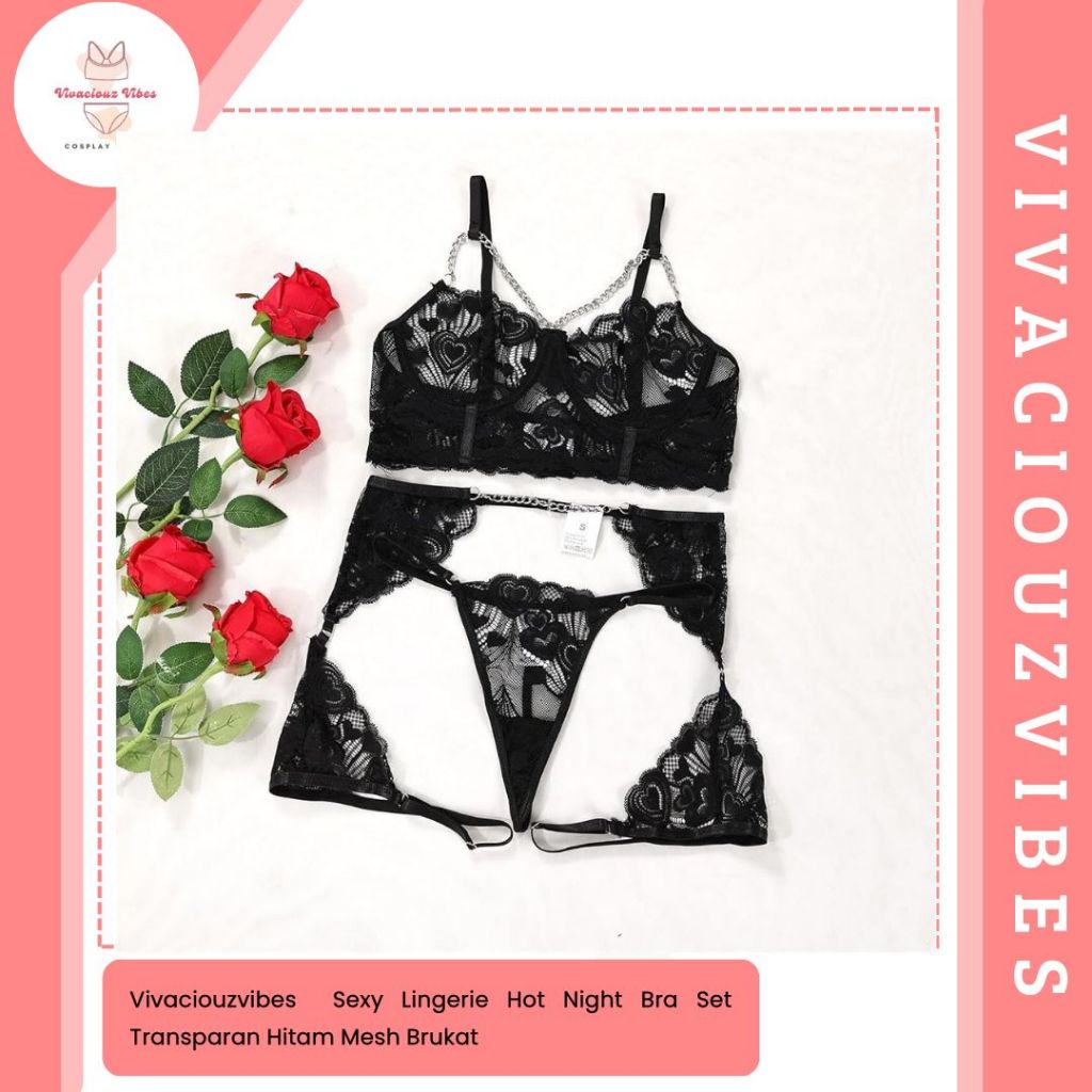 Vivaciouzvibes Sexy Lingerie Hot Night Bra Set Transparan Hitam Mesh Brukat