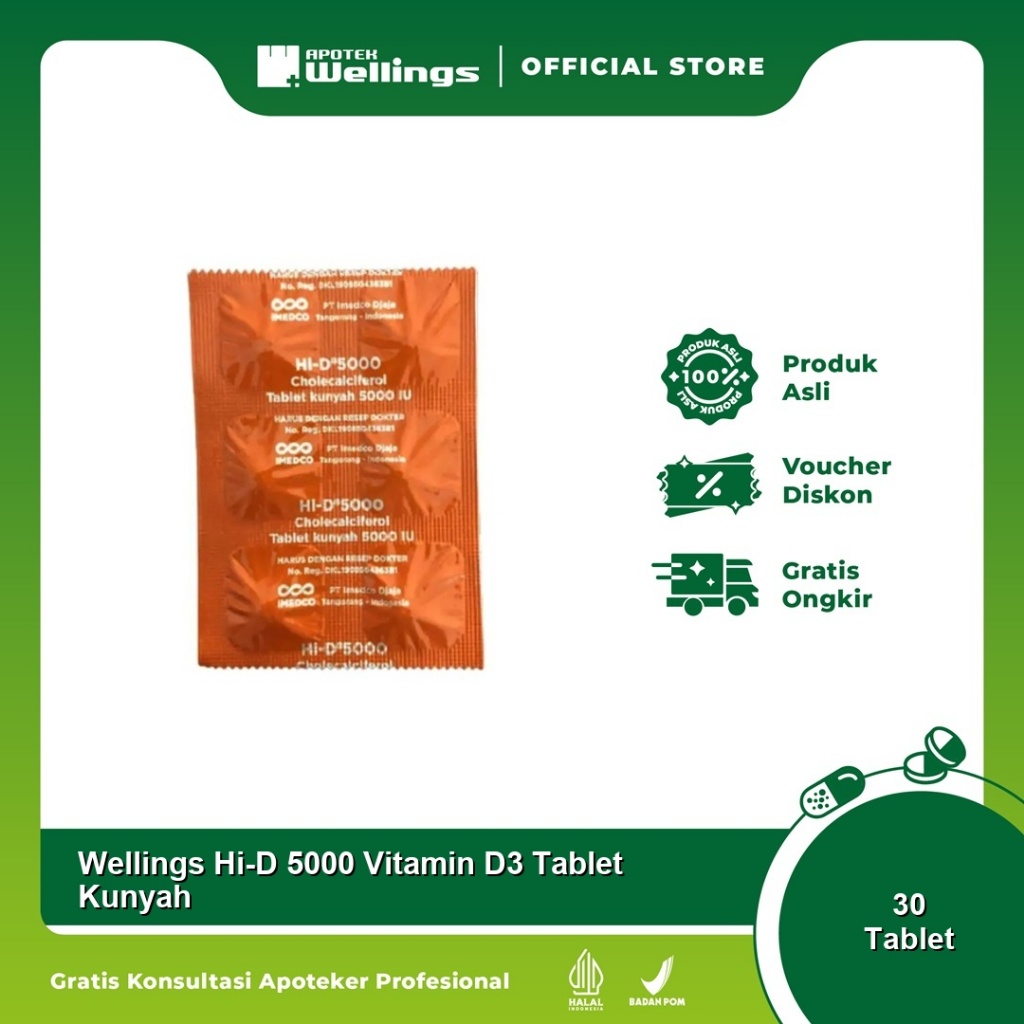 Wellings Hi D5000 Vitamin D3 Tablet Kunyah 30s